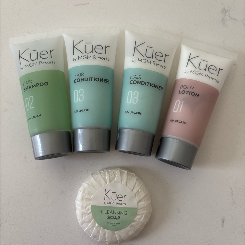 Kuer By MGM Travel Size Shampoo, Conditioner, Soap, Lotion SEALED